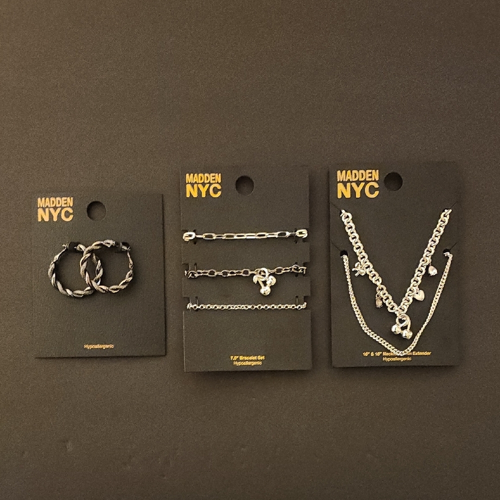 NWT Fun Madden NYC Set of 3, Bracelet Set, Necklace Set, Earring Hoops